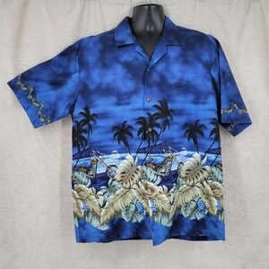 Pacific Legend Vintage Blue Hawaiian Shirt Camp Collar Motorcycle Print Cotton